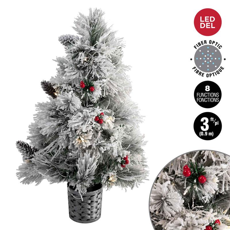 Sapin de Nol givr  longues aiguilles avec fibre optique DEL, baies et pommes de pin, 3' (0,9m)