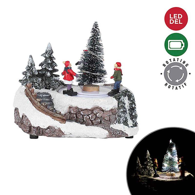 Scne dhiver de Nol en polyrsine avec enfants et arbre de Nol rotatifs, 5,9'' x 4,5'' x 51''