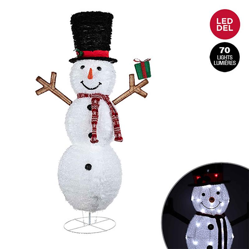 Statue bonhomme de neige  chapeau avec foulard et cadeau illumin par 70lumires DEL scintillantes, 52"