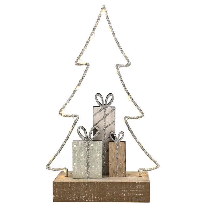 Sapin lumineux avec cadeaux sur base en bois naturel, 10''