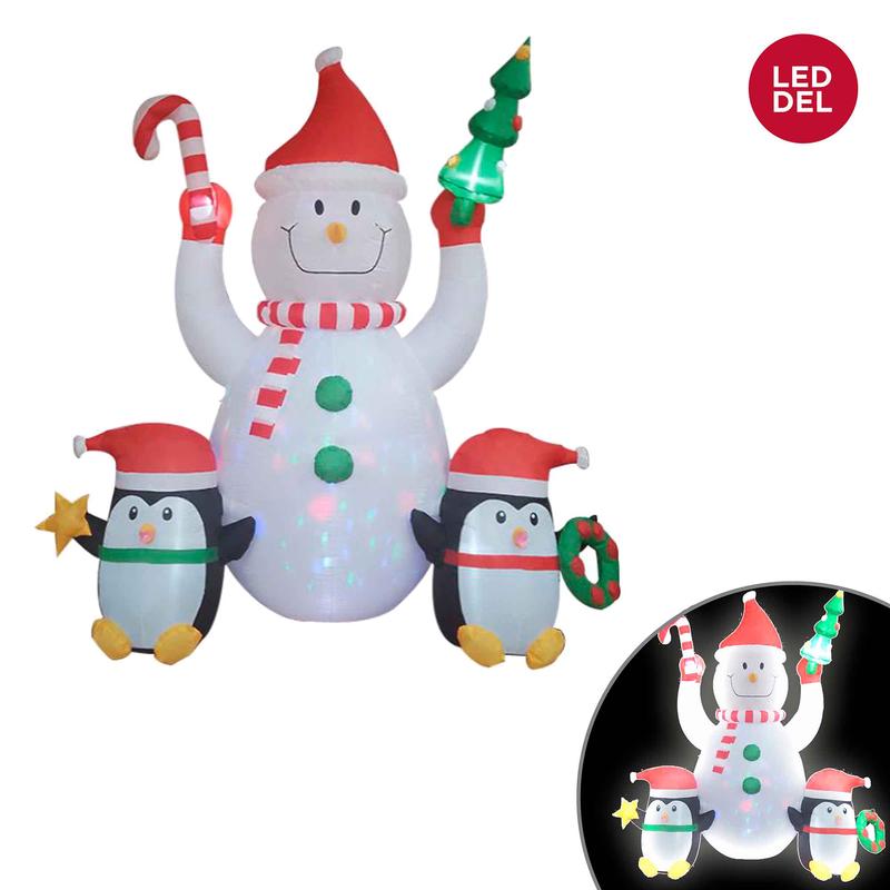 Bonhomme de neige avec 2pingouins gonflables et lumineux, 7'