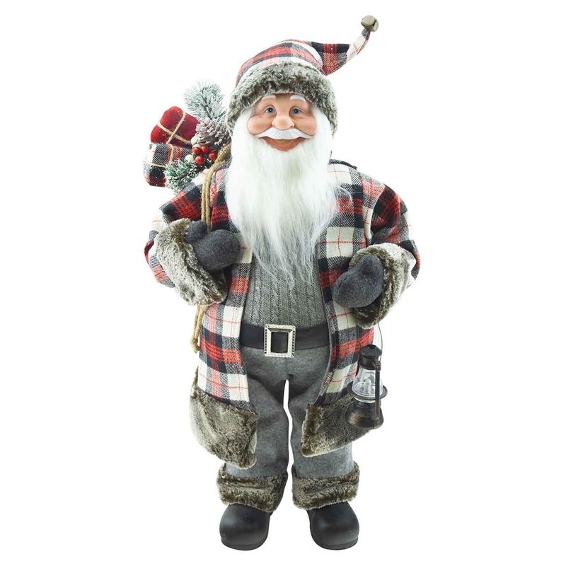 Pre Nol debout  long manteau avec un sac de cadeaux et lanterne, 24"