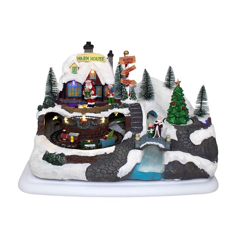 Village du Pre Nol anim avec train, 14''