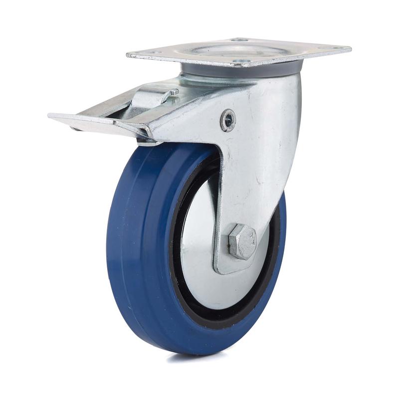 Roulette industrielle pivotante avec double verrouillage en caoutchouc lastique bleu de 5''
