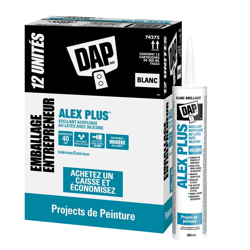 Calfeutrant au latex acrylique plus silicone blanc tout usage ALEX PLUS, Caisse de 12 units de 300 ml