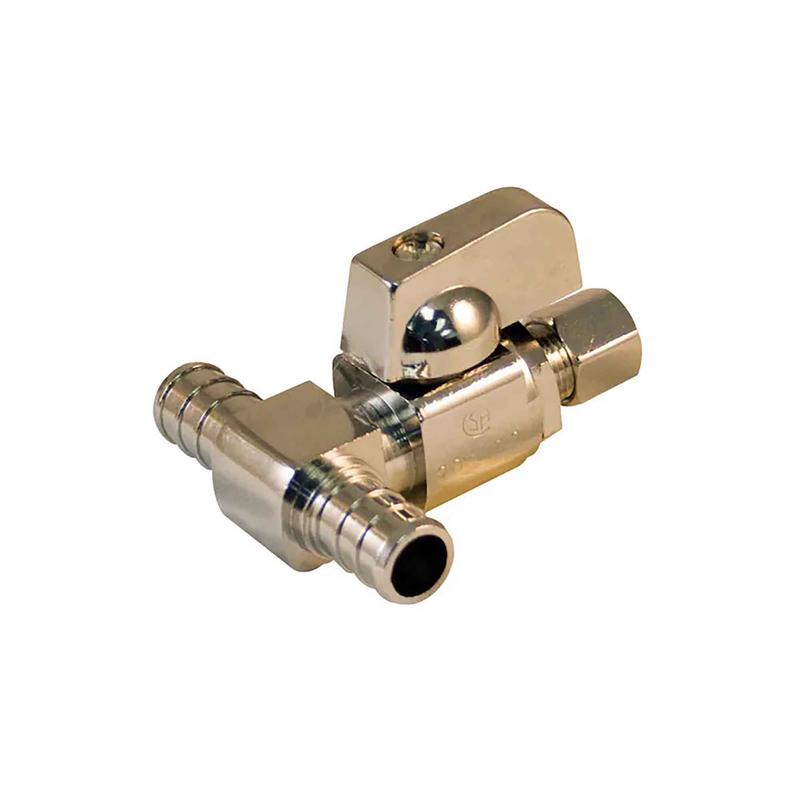 Valve darrive deau en ''T'' en laiton massif chrom sans plomb, 1/2" PEX x 1/2" PEX x 1/4" D.E. comp.