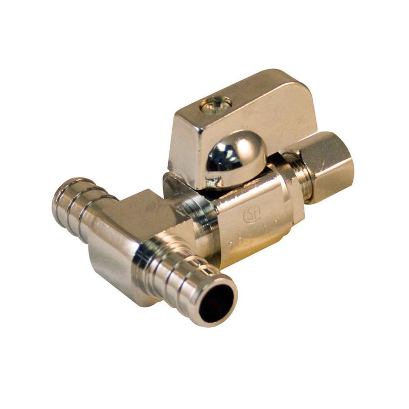Valve darrive deau en ''T'' en laiton massif chrom sans plomb, 1/2" x 1/2" x 3/8" D.E. comp.