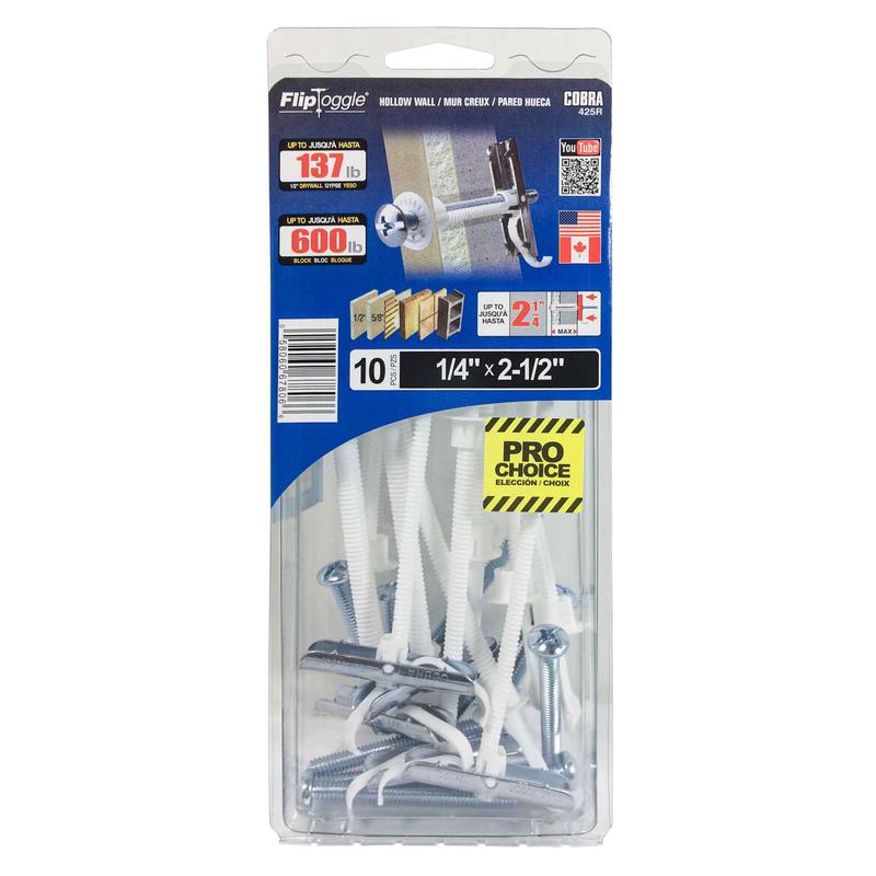 Ancrages pour murs creux FlipToggle de 1/4" x2-1/2", 10units