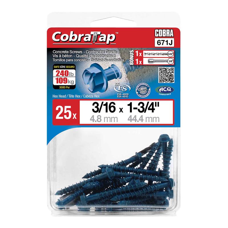Vis  bton  tte hexagonale CobraTap de 3/16" x 1-3/4", 25 units