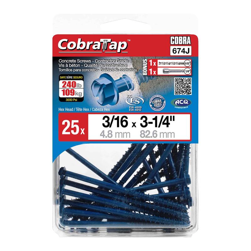 Vis  bton  tte hexagonale CobraTap de 3/16" x3-1/4", 25 units