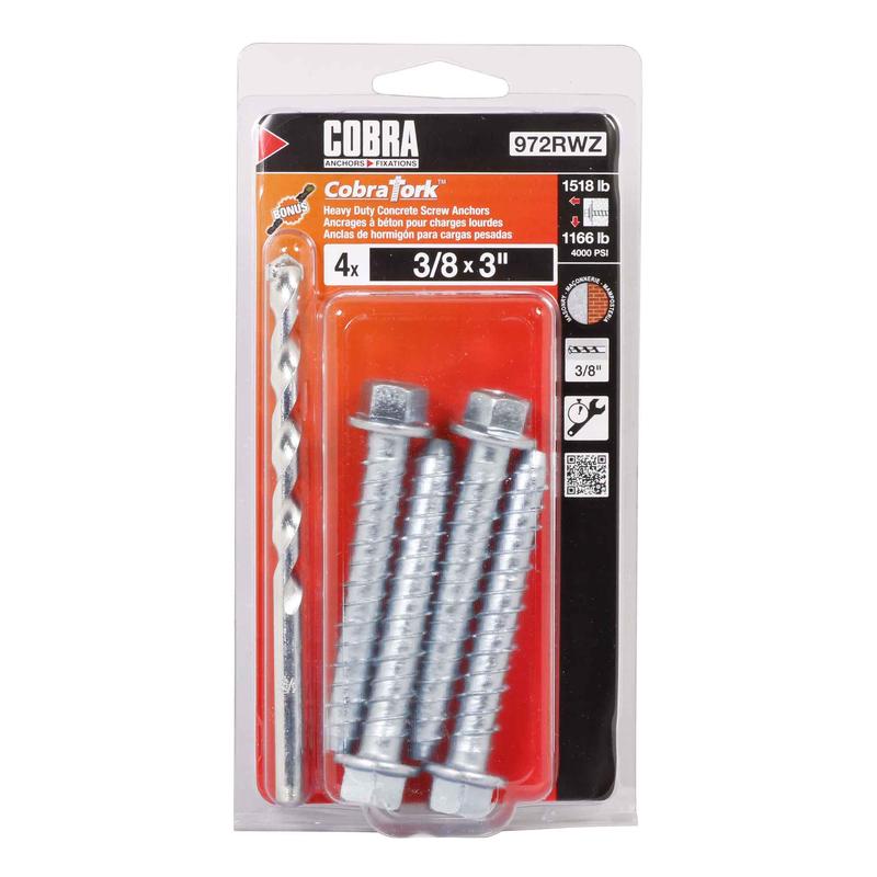 Vis d'ancrage plaqu zinc pour bton CobraTork de 3/8" x 3", 4 units