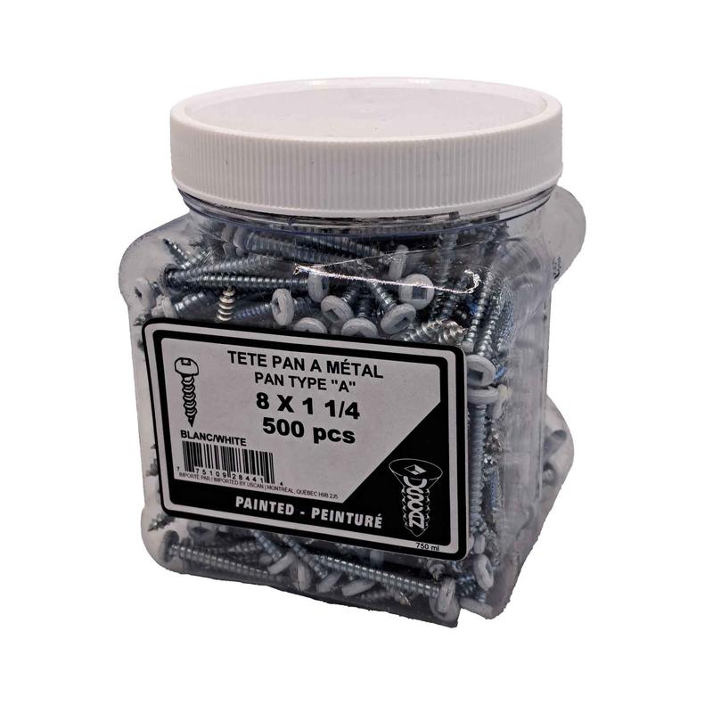 Vis pour mtal  tte ronde de couleur blanche, #8 x 1-1/4" (pot de 500 units)