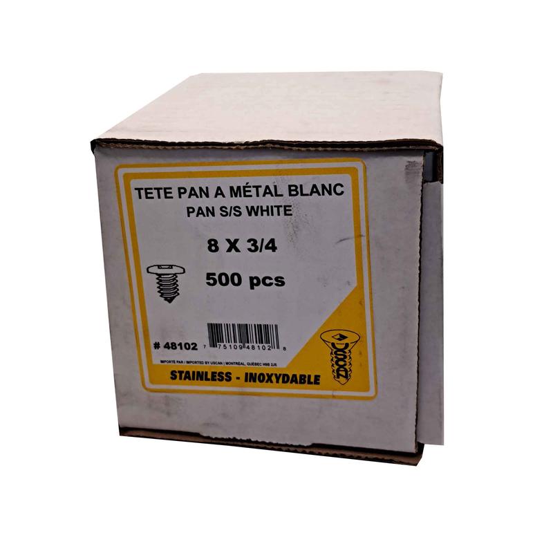 Vis  tte ronde blanche en acier inoxydable, #8 x 3/4" (500 units)