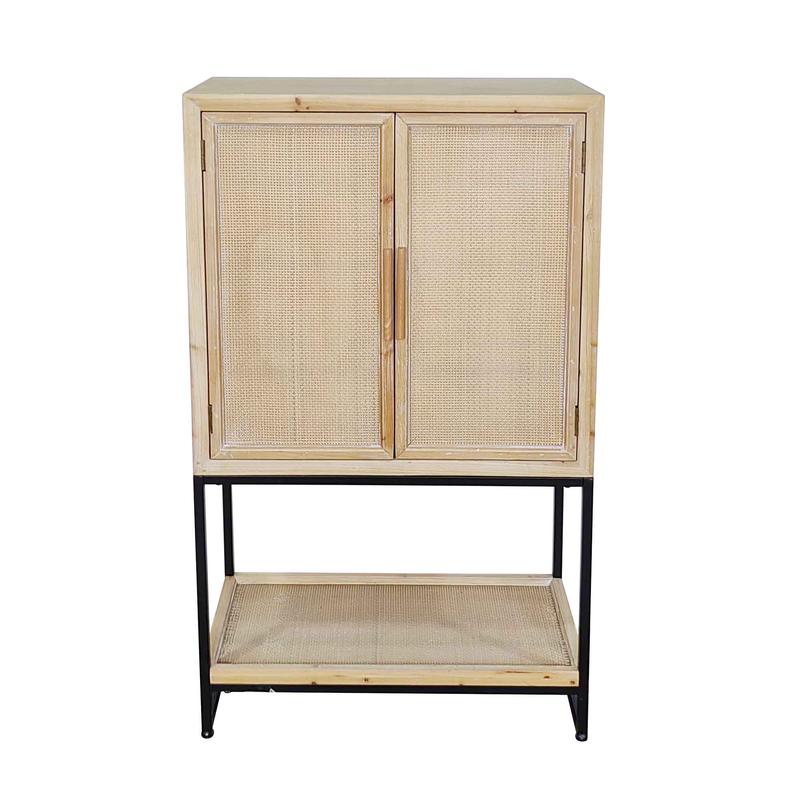Armoire en bois avec rotin tiss naturel et structure mtallique, 26" x 14-1/4" x 46"