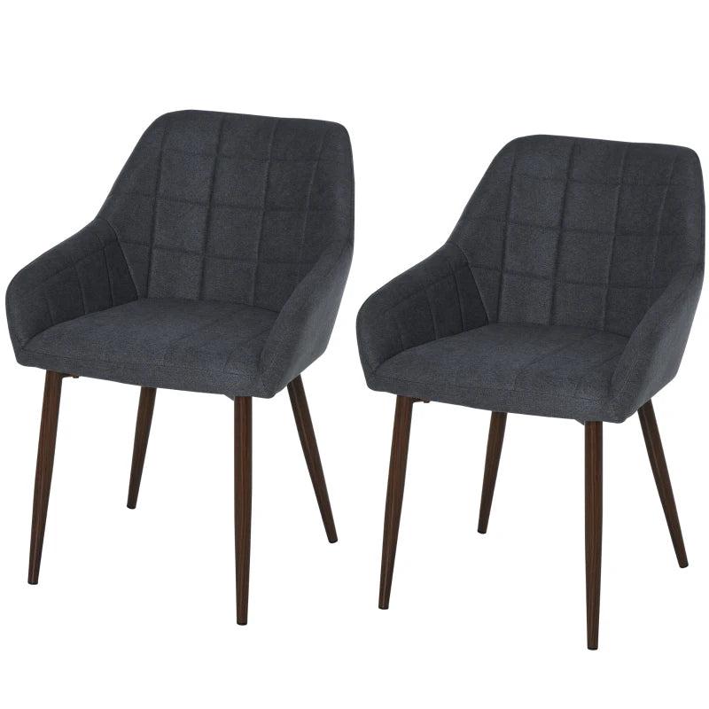 2-Piece Linen-Touch Dining Chair Set with Grid Pattern Cushion, Mid Back Leisure Armchair, Steel Legs, Sponge Padding