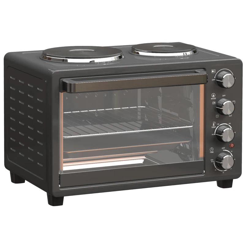 28L Electric Mini Oven with 2 Hot Plates - Countertop Toaster Oven for Baking, Grilling & Roasting - 2600W, Black