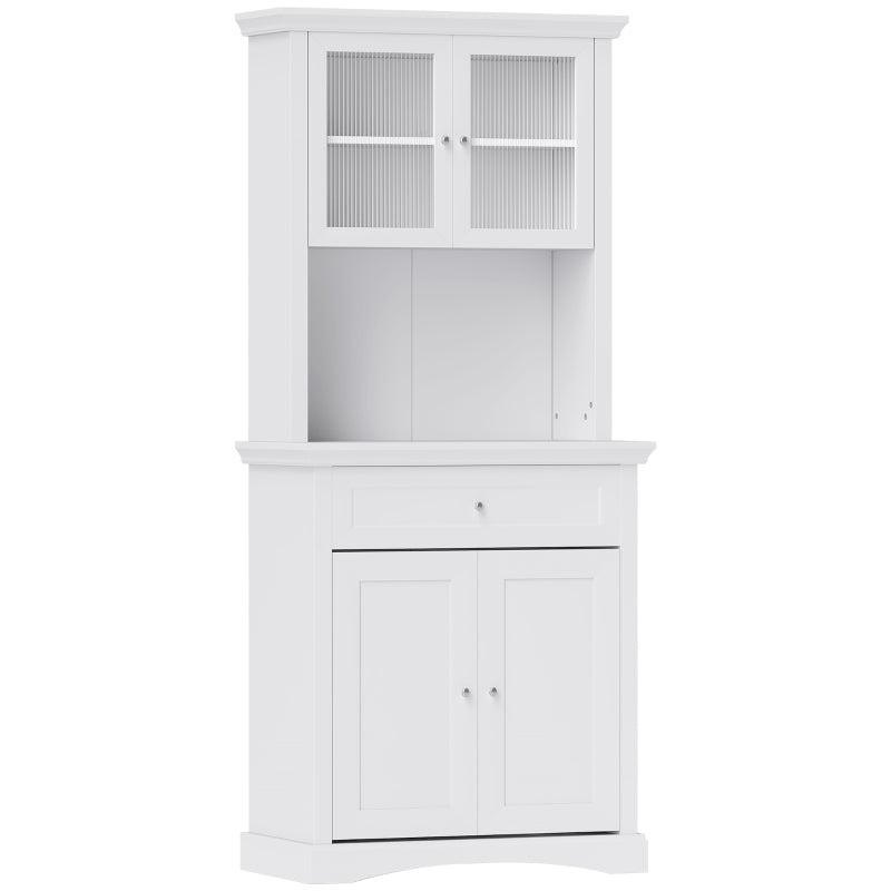 4-Door White Kitchen Cupboard with Drawer, Glass Doors, Adjustable Shelves & Open Counter - Freestanding Storage Cabinet