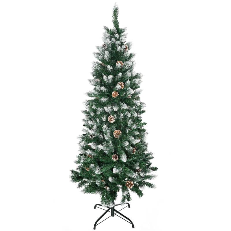 5 Ft Snowy Artificial Christmas Tree with Realistic Branches & Pine Cones - Indoor Holiday Decoration in Green & White