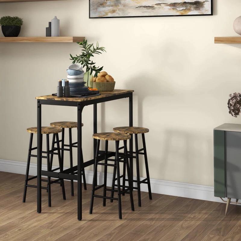 5-Piece Industrial Bar Table Set with 4 Stools - Rustic Brown Dining Table and Chair Set for Home or Kitchen
