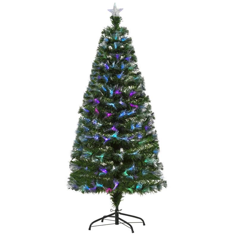 5FT Multicoloured Artificial Christmas Tree with Fibre Optic Lights, Pre-Lit Modes, Metal Stand & Star Holder - Festive Home Decoration