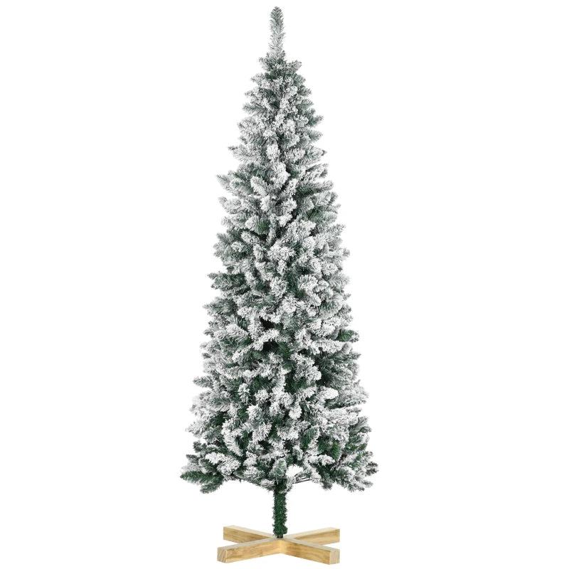 6 Ft Snow Flocked Artificial Christmas Tree - Realistic Pencil Tree with Auto Open & Pinewood Base - Green Xmas Decor