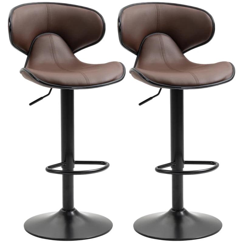 Adjustable Brown Breakfast Bar Stools Set of 2 with Curved Back 62-82cm for Kitchen, Bar, Cafe