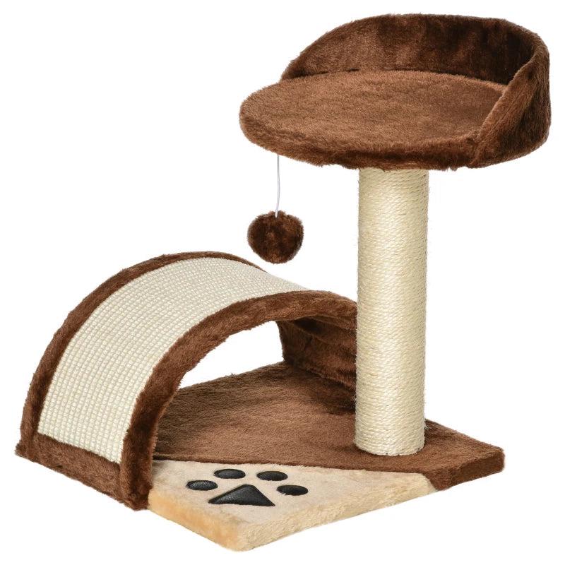 Brown Cat Tree Scratching Post - Kitten Activity Centre with Climber & Hanging Ball - Durable Scratcher for Cats