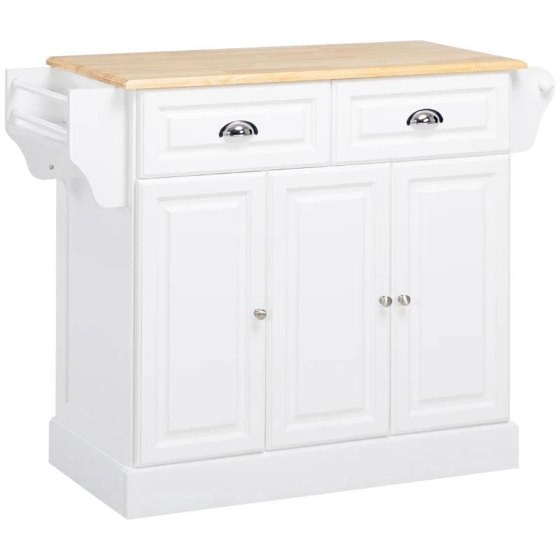 Rolling Kitchen Island Cart with Storage - Rubber Wood Top, Towel Rack & Drawer - White Serving Cart for Home