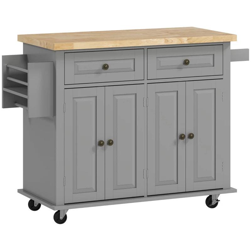 Rolling Kitchen Island Storage Trolley with Rubber Wood Top & Drawers - Stylish Grey Dining Room Cart
