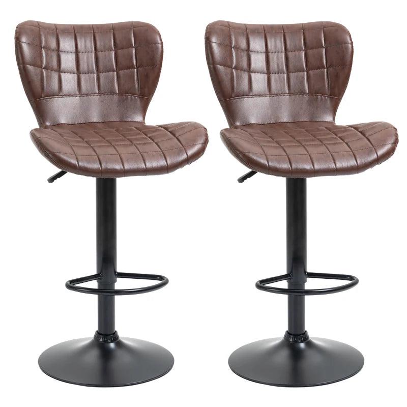 Set of 2 Adjustable Height Swivel Bar Stools in Brown PU Leather with Backrest & Footrest - Modern Design