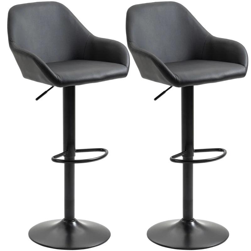 Set of 2 Adjustable Swivel Bar Stools with Backs & Armrests - PU Leather Kitchen Counter Chairs, Black