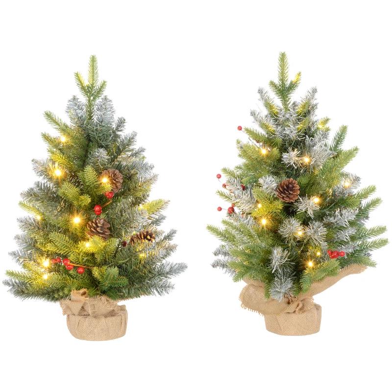Set of 2 Mini 2ft Christmas Trees with Lights, Berries & Pinecones - Perfect Holiday Decor for Home & Office