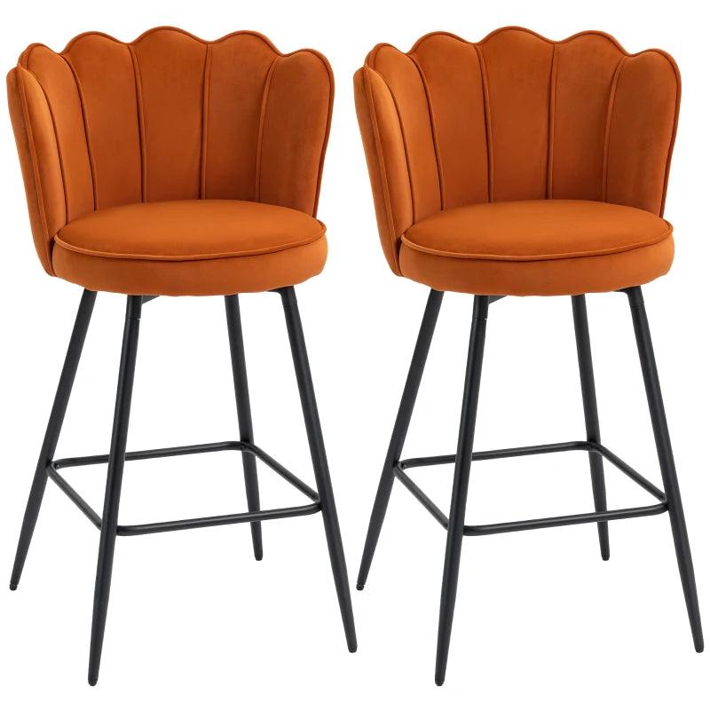 Set of 2 Orange Velvet-Feel Lotus Bar Stools - Stylish Modern Seating for Kitchen or Home Bar