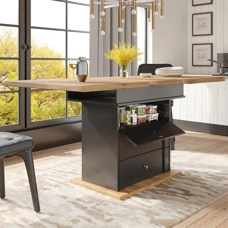Telescopic Foldable Kitchen Table for 4-6 People with Soft-Close, Hidden Storage, 110x80x75 cm, Black & Natural Finish