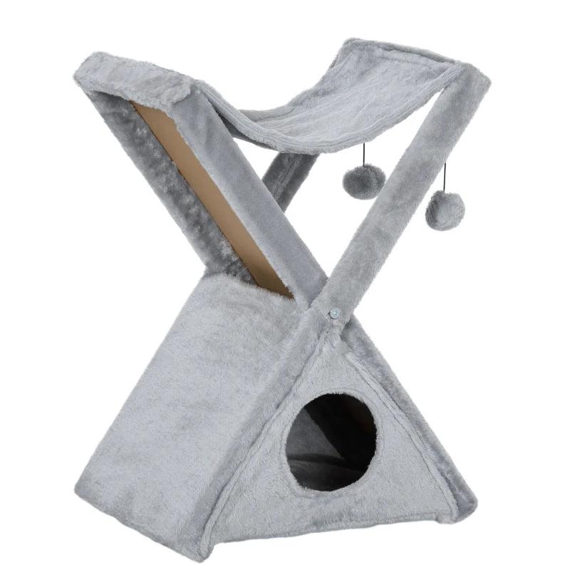 Two Tier Cat Tree for Indoor Cats - Plush Folding Activity Tower with Scratching Post, Hammock & Pom Poms - Grey
