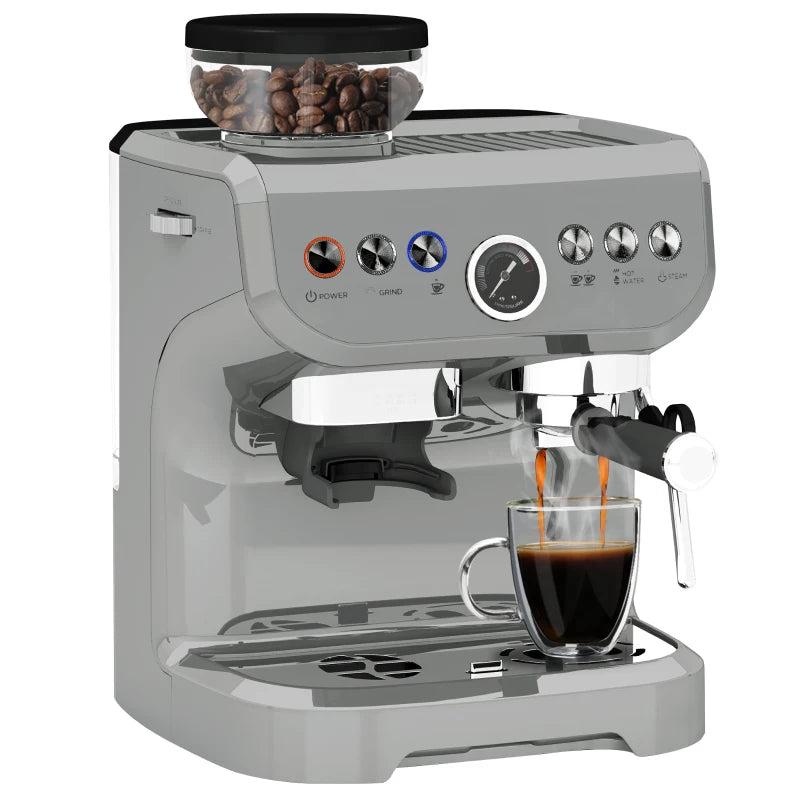 15 Bar Silver Coffee Machine with Adjustable Grind, Steamer & Accessories - Perfect for Espresso Lovers