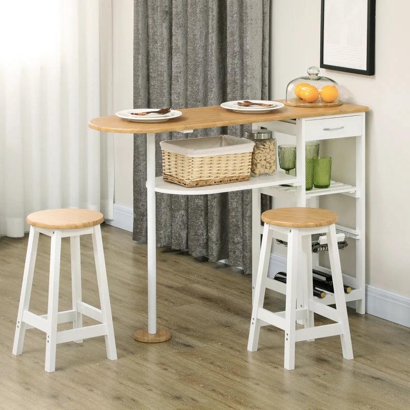 3 Piece Bar Table Set with Stools, Storage Shelf, Drawer, Wire Basket & Wine Rack - Natural & White Finish for Kitchen & Home Bar