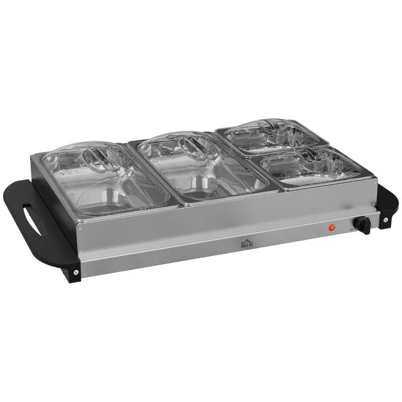 4 Tray Electric Food Warmer Buffet Server - Adjustable Temperature, 300W, Cool Touch Handles, 2 x 2.4L & 2 x 1L Pans