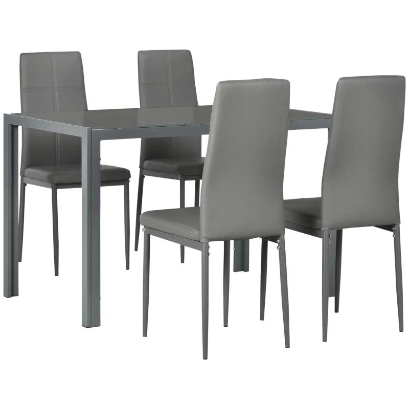 5-Piece Grey Kitchen Dining Table Set with Glass Top & 4 Faux Leather Chairs - Modern Metal Frame Design