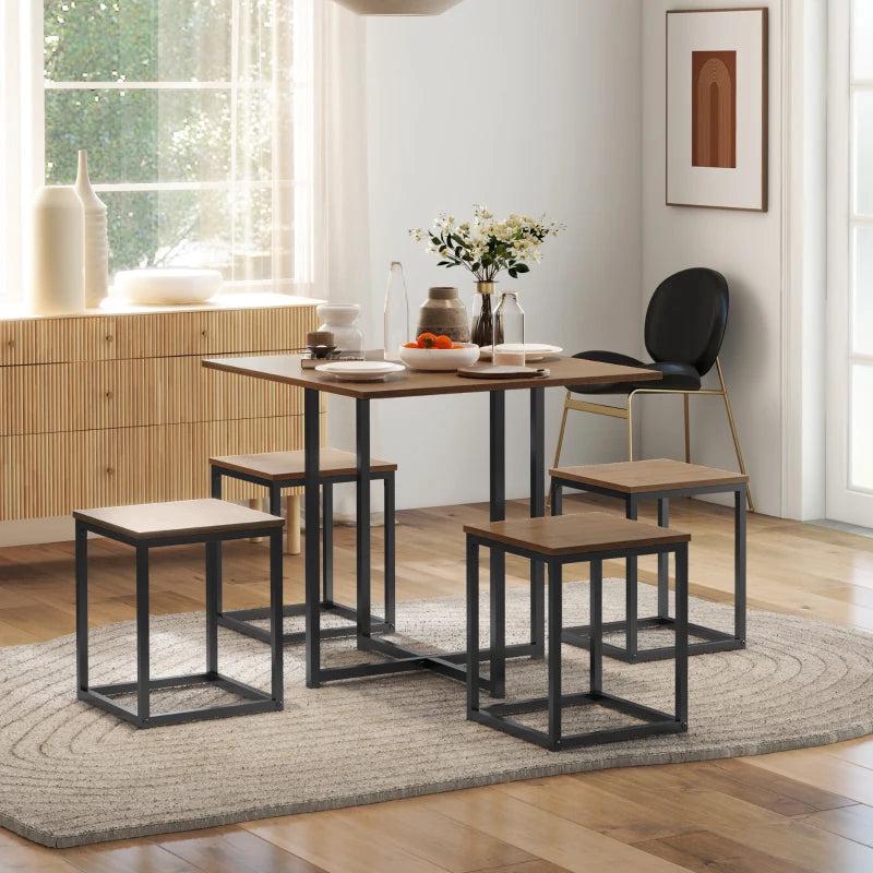 5-Piece Industrial Dining Table & Chairs Set - Space-Saving Metal Frame Square Kitchen Table & Stools - Brown Finish
