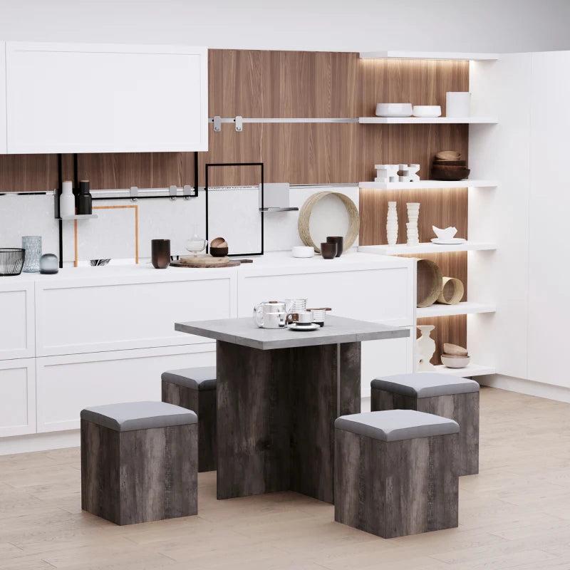 5PC Wooden Dining Set for Garden & Patio - Space Saving Design with 4 Storage Stools, Footrest Ottoman & Cushions