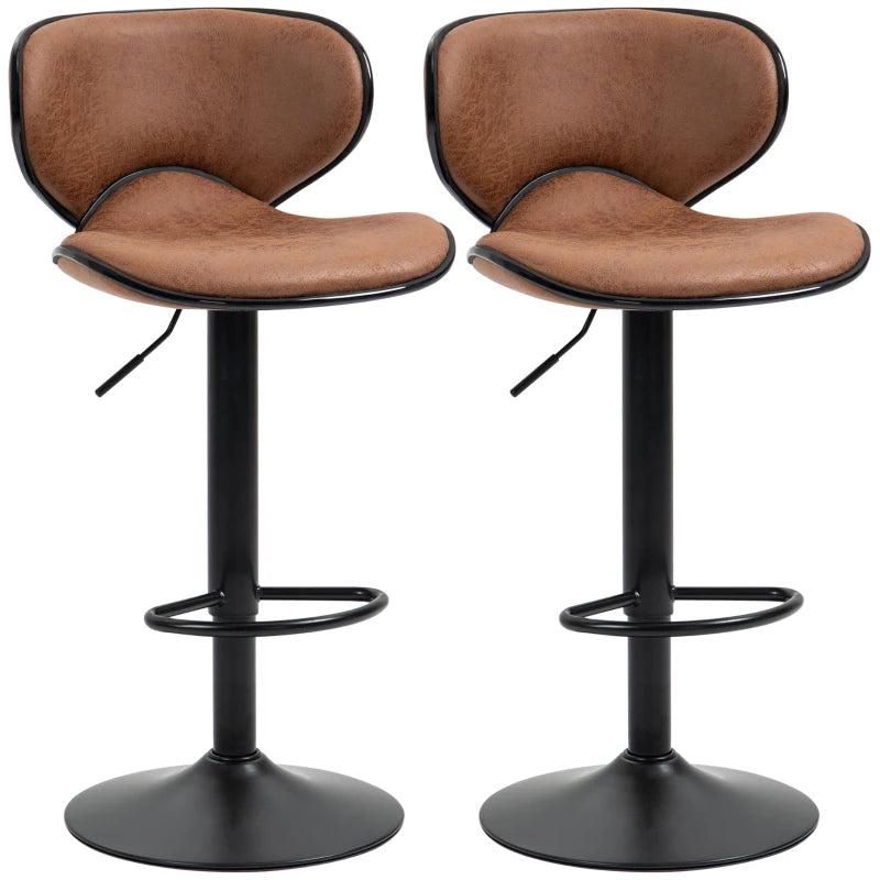 Adjustable Height Bar Stool Set of 2 - Brown Microfiber Swivel Armless Chairs for Kitchen & Dining