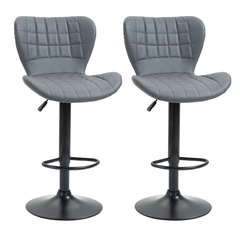 Adjustable Height Swivel Bar Stools Set of 2 - Grey PU Leather Chairs with Backrest & Footrest