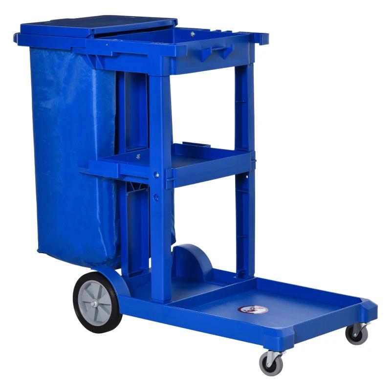 Blue Janitor Cleaning Trolley with Bin, Shelves & Hooks - Heavy-Duty Utility Cart for Efficient Cleaning Solutions