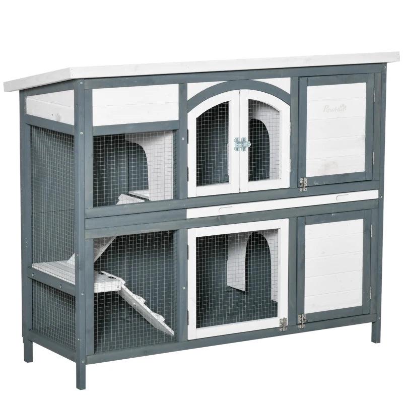 Premium 2-Tier Outdoor Rabbit & Guinea Pig Hutch - Wooden Cage with Ramp, Divider & Openable Roof - 125x48x100cm Grey