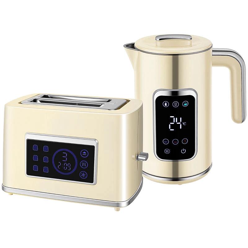 Premium Cream Touch Screen Kettle and Toaster Set - Stylish Kitchen Appliances for Modern Homes