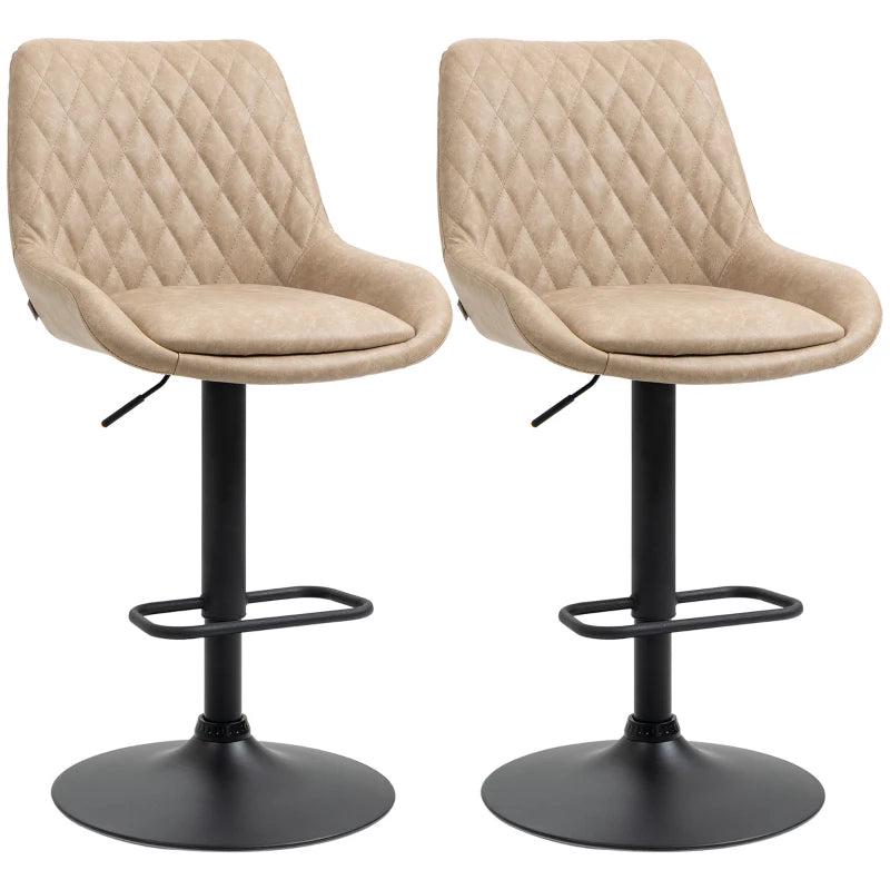 Retro Bar Stools Set of 2 - Adjustable Upholstered Kitchen Chairs with Back, Swivel Seat in Light Khaki