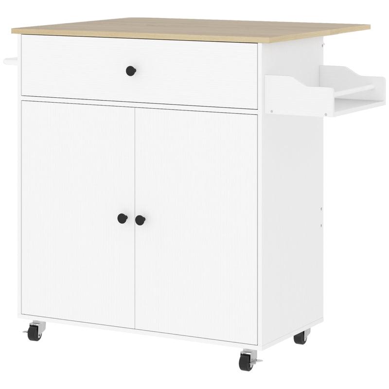 Rolling Kitchen Island with Drop Leaf - White Kitchen Storage Cart with Drawer, Spice Rack & Towel Rack