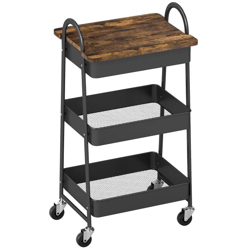 Rustic Brown & Black 3-Tier Kitchen Storage Trolley on Wheels with Cover Top Board - Stylish & Functional
