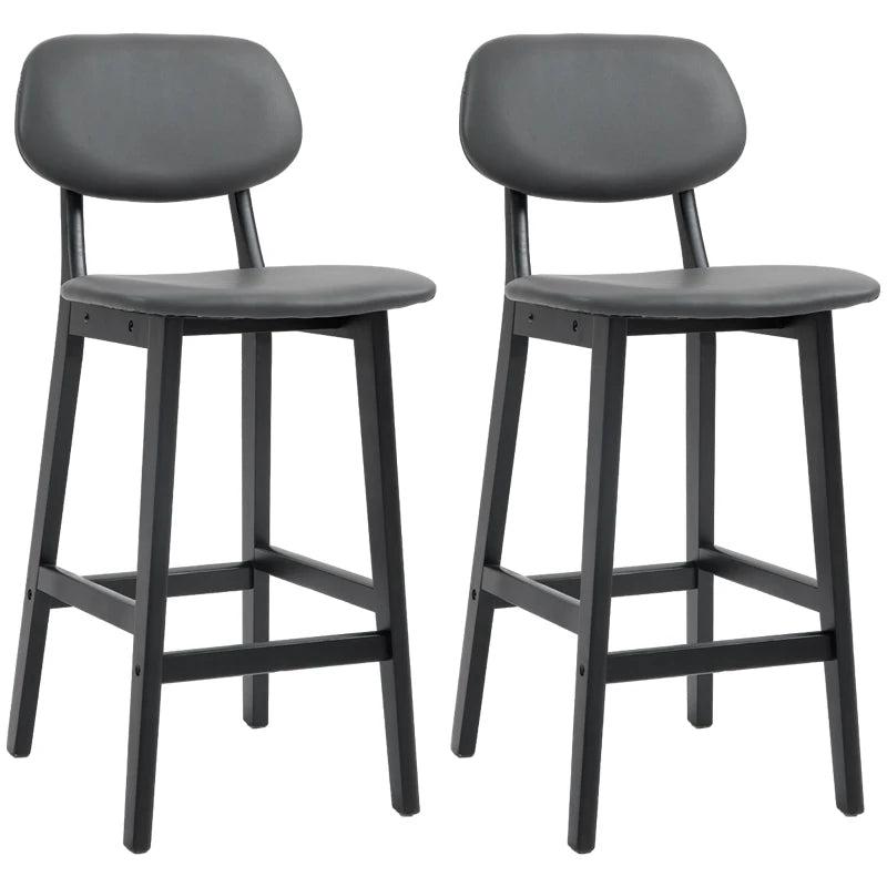 Set of 2 Dark Grey Bar Stools - PU Leather Kitchen Chairs with Backs & Footrests, Solid Wood Legs